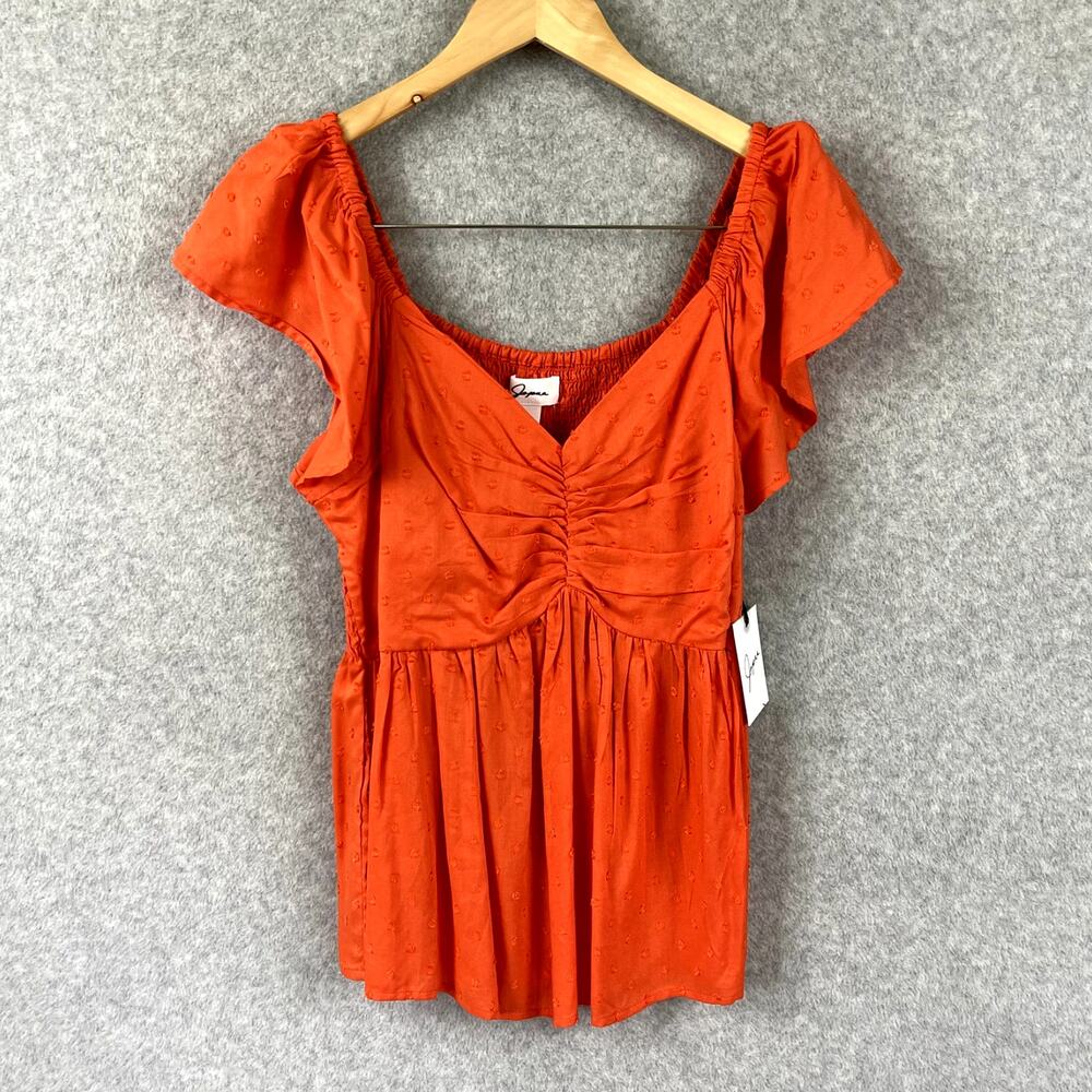 Japna Babydoll Blouse Size Large Orange Swiss Dot V-Neck Ruffle Sleeve Top NWT
